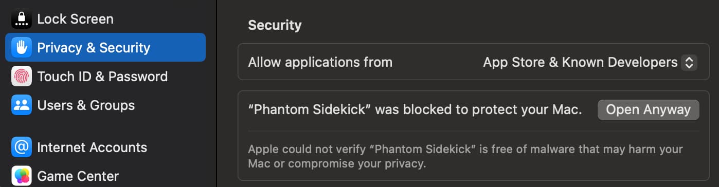 macOS Privacy & Security settings